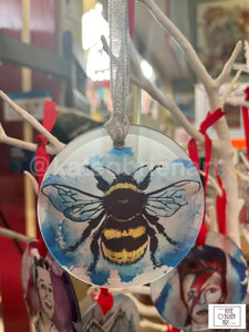 Blue Bumble Bee Glass Decoration