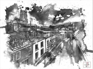 View From St. Petersgate Bridge Stockport In Monochrome Art Print